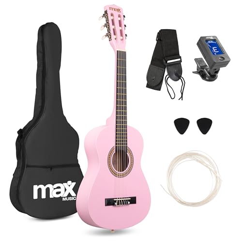 Max SoloArt Pack Guitare Classique Junior 1/4 - Rose, Cordes en Nylon, 4 à 6 ans, Sac de Transport, Médiators, Sangle, un Cadeau pour Enfants Idéal pour...