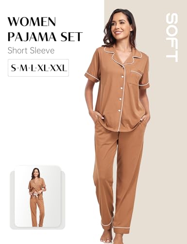 Image of COLORFULLEAF Women's 100% Cotton Pajamas Set Button Down Sleepwear Short Sleeve Shirt and Long Pants Soft Ladies Lounge Sets