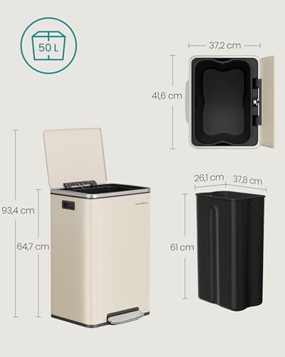 SONGMICS Mülleimer 50 L, Stahl, mit Deckel, Softclose, 15 Müllsäcke – Ansicht 4