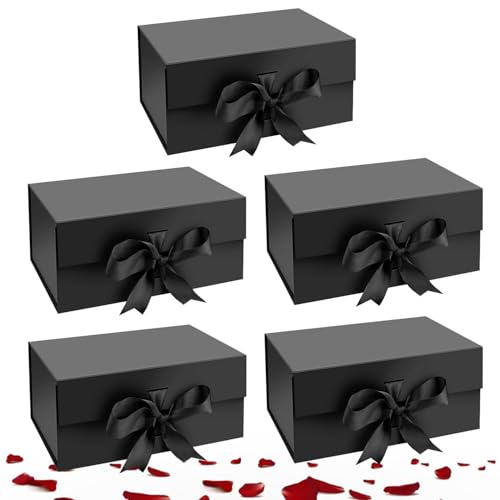 Aakriti Gift Box with Ribbon | Elegant Folding Closure | Ideal for Rakhi, Jewelry & Special Gifts | Extra Small (18x17x9 cm) (BLACK-BOX | Pack of 5)