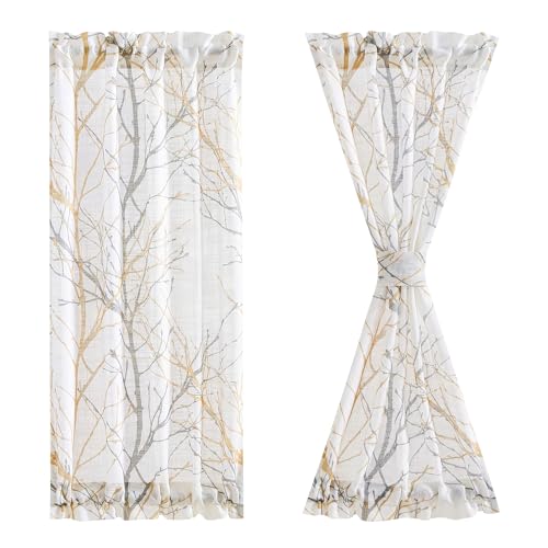 Image of FMFUNCTEX White Sheer Front Door Curtains for Glass 40 Inches Long Yellow Grey Print Branch Tree Half French Panel Semi-Sheer 50 Inches Wide 1 Panel