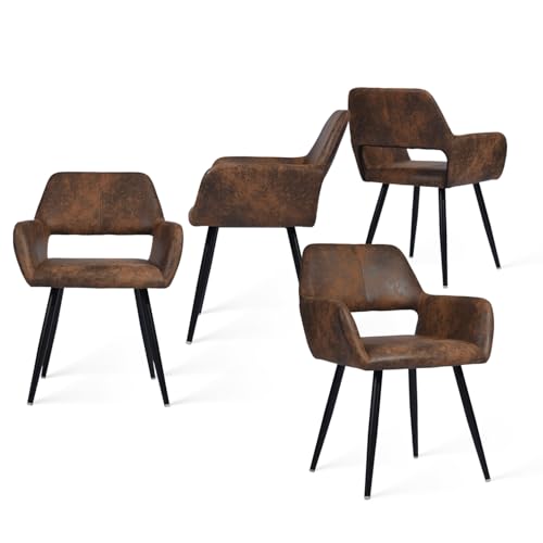 MEUBLE Cosy Juego de 4 Sillas de Comedor Vintage Retro Sillón Tapizado en Gamuza con Reposabrazos Patas Metálicas para Cocina Salón
