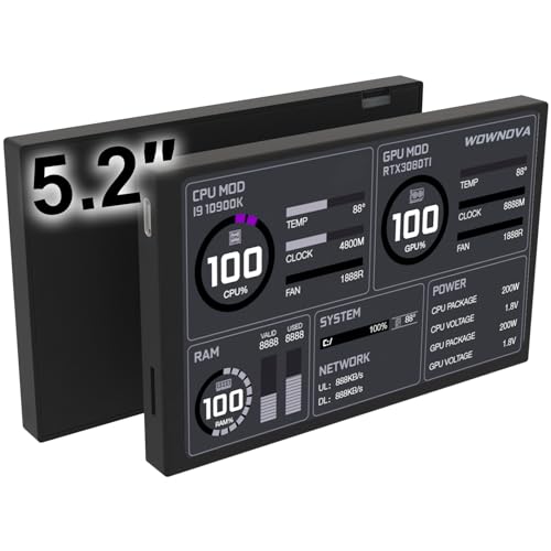 Image of WOWNOVA 5.2 inch Customizabe LCD Screen Inside PC Case Screen for Computer Setup - Customizable PC Temperature Display Panel, GPU CPU FPS RAM HDD Computer Temp Monitor (Black)