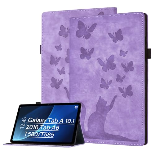 Bemoloon Pu Tablet Hülle für Samsung Galaxy Tab A 10.1 2016 A6/T580/T585 Katze und Schmetterling Flip Tab SchutzHülle Kratzfest Kartensteckplatz Stifthalter Katzenlila