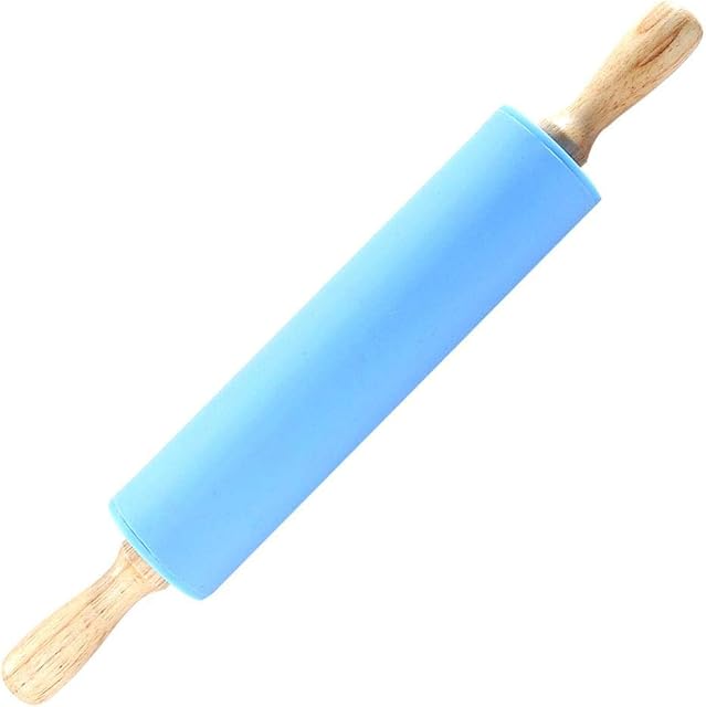 Pastry Rolling Pin, Large Wooden Handle Revolving Non-Stick Silicone Rolling Pin Dough Pastry Baking Tool(Blue)