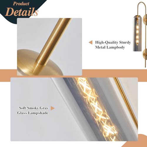 Image of BOKT Brushed Brass Gold Wall Mounted Sconce Mid Century Modern Smoke Gray Glass Wall Sconce Light Single Bathroom Bedroom Wall Lighting Fixtures for Living Room Hallway Kitchen Mirror (Smoke Gray)
