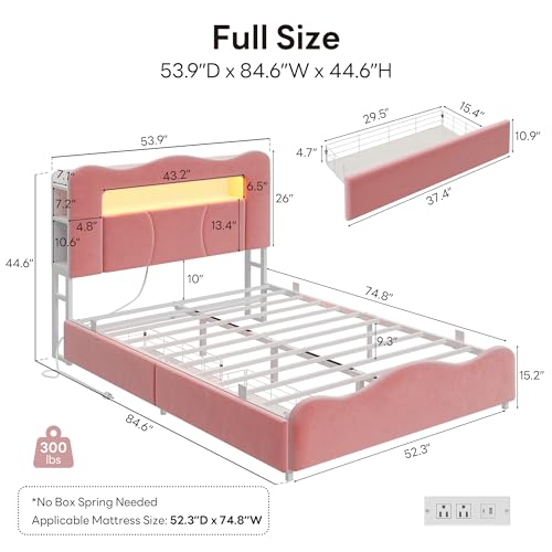 Image of LIKIMIO Full Upholstered LED Bed Frame with 2 Storage Drawers and Bookcase Storage Headboard, Velvet Princess Platform Bed with Charging Station, Heavy Duty Metal Support, No Box Spring Needed, Pink