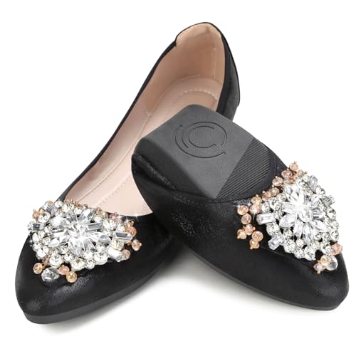 Image of KUNWFNIX Women Ballet Flats Rhinestone Wedding Ballerina Shoes Foldable Sparkly Comfort Slip on Flat Shoes