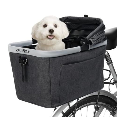 DAISTERN Hundefahrradkorb bis 12kg für Gepäckträger mit Metallrahmen, Schnellmontage-Halterung, Netzfenster, weichem Sitzkissen, Reflektorstreifen, faltbar, passend für E-Bikes & Citybikes