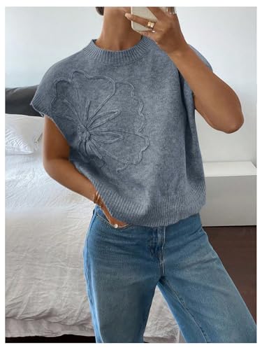 Image of SOLY HUX Women's Short Sleeve Sweater 3D Floral Sweaters Pullover Tank Tops Knit Vest Trendy Fashion Clothing