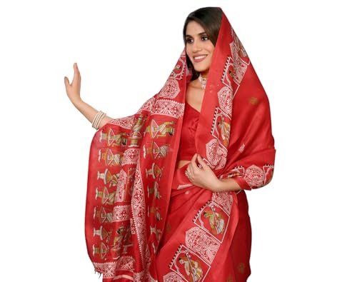 Tissu en soie pour femme Yashika Sari rouge avec pompons vêtement traditionnel taille unique