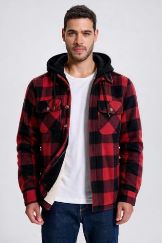 Image of TanBridge Men's Cotton Plaid Shirts Jacket Full Zip Fleece Flannel Sherpa Lined Hoodies Heavyweight Hoodies Jacket for Men