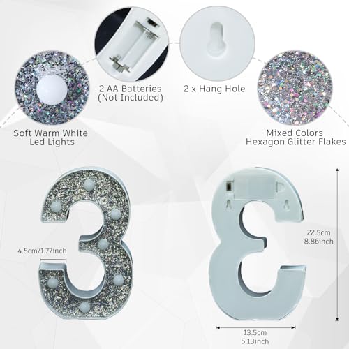 Image of Light Up Letters, Marquee Light Letter for Table Decorations, Glitter Light Up Signs for Prom, Events, or Engagement Party Decor, Featuring Alphabet & Number Lighted Letters, Number 3