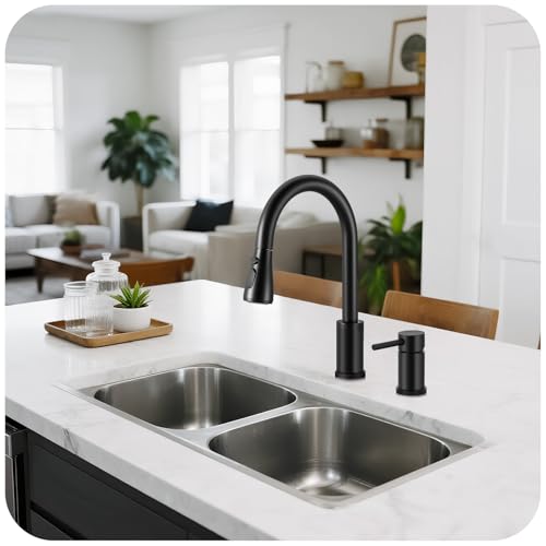 Image of Pull Down Kitchen Faucet 2 Hole - Matte Black Single Handle Kitchen Faucets, High Arc Stainless Steel Pull Out Kitchen Sink Faucet for RV Laundry Farmhouse Bar