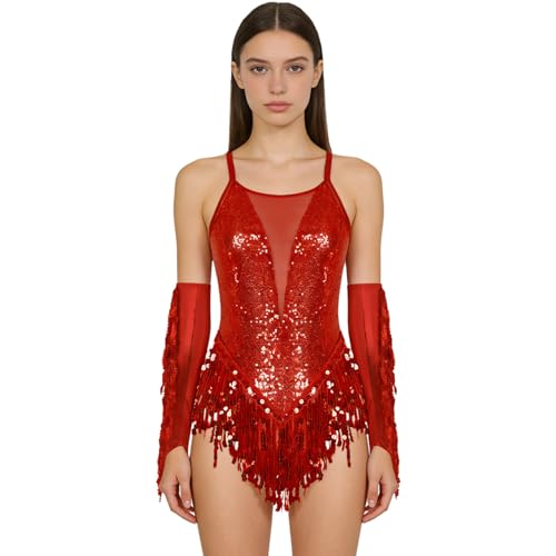 Damen Pailletten Latein Tanzkostüm Tanzkleid Fransen Trikot Tanzanzug Body mit Handschuhe Gymnastikanzug Salsa Cha Cha Standard Dance Outfit Wettkampf Bühne Rot XXL