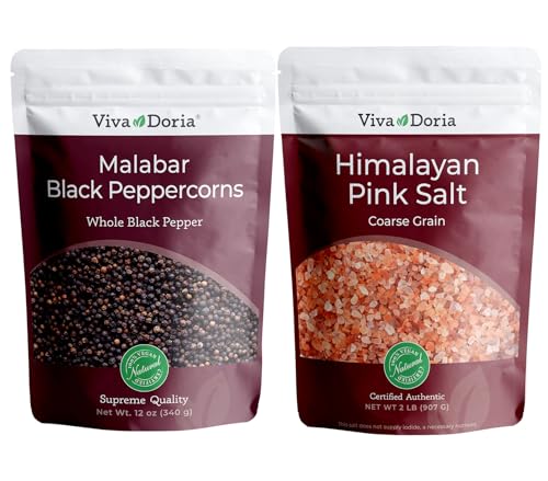 Viva Doria Malabar Whole Black Peppercorns, 12 Oz & Himalayan Pink Salt, Coarse Grain, 2 lb | Mineral Salt & Whole Black Pepper | Combo Pack | Grinder Refill Pack | Refills for Grinders
