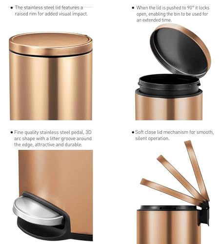 Image of Obsessions EKO Soft-Close Bathroom Trash Can - 5L Stainless Steel Pedal Bin with Lid & Liner, Elegant Waste Basket for Home & Office, Bronze Copper