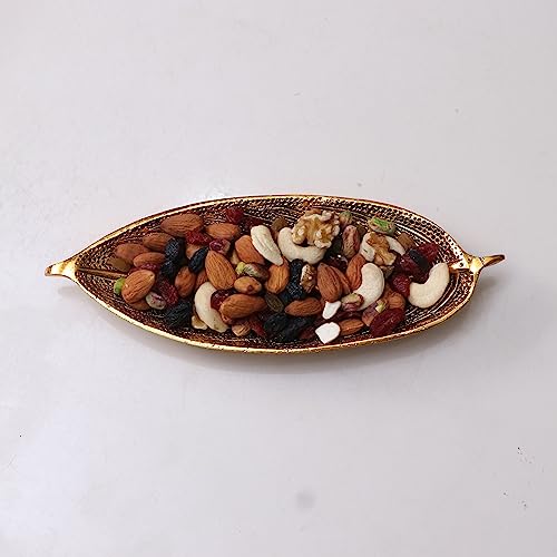 Image of KridayKraft Hand Crafted Metal Leaf Shape Tray with Collectible Art Perfect for Home Centre Table Serving Dry Fruits (Golden, Pack of 1)