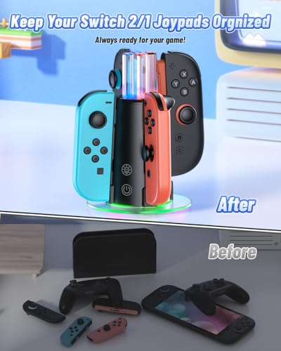 Image of [Switch 1 /2 Compatible] FASTSNAIL Charging Dock for Nintendo Switch 2 /1 for Joycon 2, 8 in 1 Fast Controller Charger Station with 9 RGB Light, Dual-Direction Magnetic Stand for Joycon Accessories