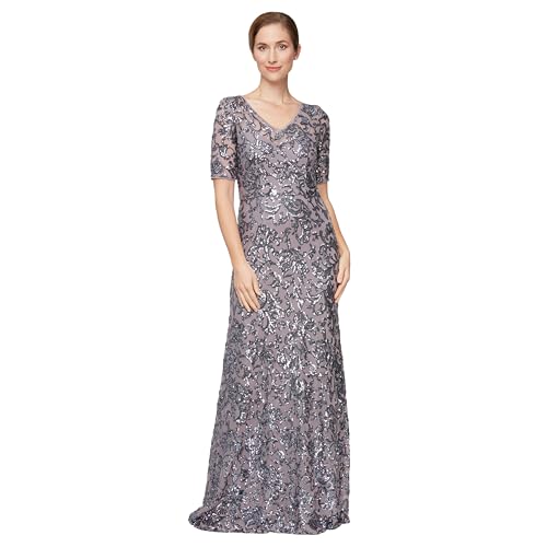 Alex Evenings Women's Long Length A-line Sequin Lace V-Neck Mother of The Bride Dress, Formal Event Gown with Short Sleeves