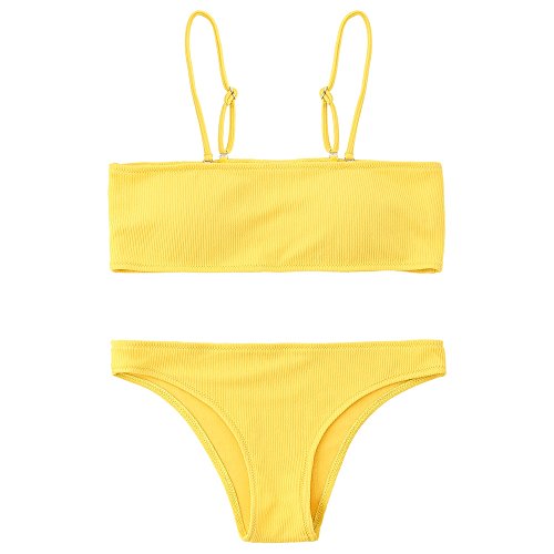 ZAFUL Women's Two Piece Cami Strap Solid Color Bandeau Ribbed Swimsuit Bikini Set