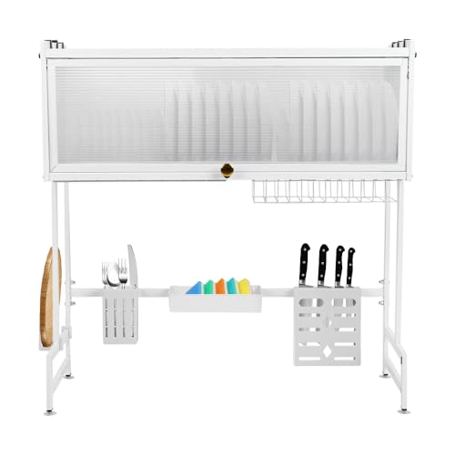 HUOLE Escurreplatos sobre Fregadero, Escurridor de Platos, Organizador Cocina, Estante de Secado de Platos de Acero Inoxidable de 3 Niveles, con Soporte para Utensilios, 65 * 30 * 78cm-lanco