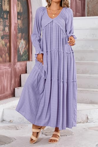 Women Summer Casual V Neck Long Sleeve Maxi Dresses 2025 Solid Ruffle Tiered Pleated Flowy Long Wedding Guest Dress2