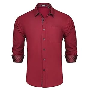 HISDERN Men’s Inner Contrast Shirt Casual Formal Classic Button Down Dress Shirts Long Sleeve Plaid Collar Regular Fit