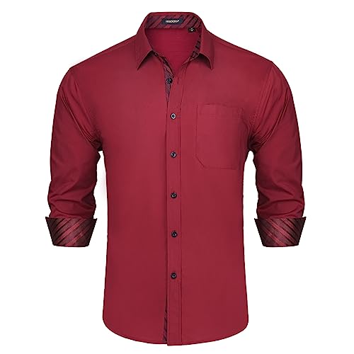 HISDERN Men's Inner Contrast Shirt Casual Formal Classic Button Down Dress Shirts Long Sleeve Plaid Collar Regular Fit