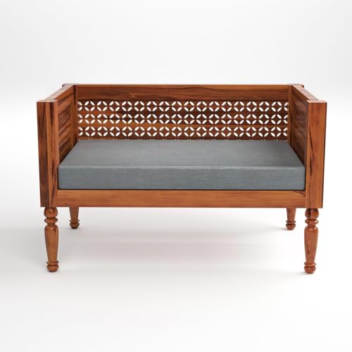 Image of Sheesham Wooden 7 Seater SofaSet for Living Room | Rosewood Cushion Sofa | Solid Wood Sofa Set for Lounge (Honey with Grey Cushion, 7 Seater)