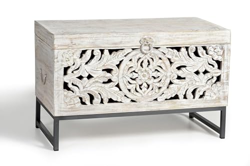 GC GINER & COLOMER Baúl de Madera de Mango Tallado a Mano con Base de Metal   Cofre de Almacenaje Blanco Envejecido 50 x 80 x 40 cm   Colección Mykonos