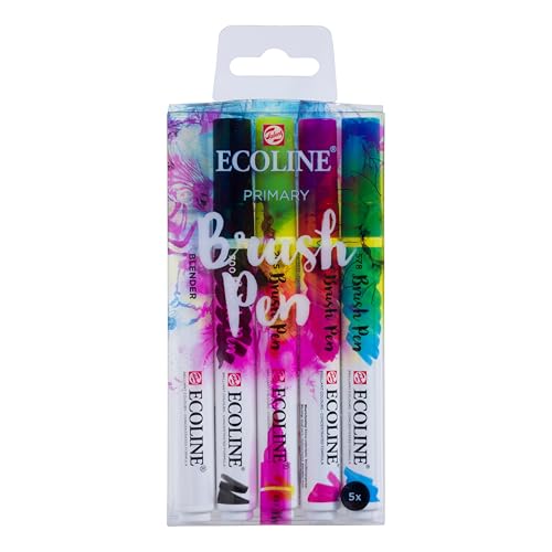 Ecoline Set de stylos pinceaux 5 couleurs primaires | Palette de base avec noir et stylo mélangeur | Parfait pour lettrage, aquarelle et croquis