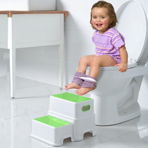 Image of Victostar Toddler Step Stool,2 Kids Step Stool for Bathroom Sink,Baby Potty Stool with Anti-Slip Surface and Rubber Bottom,Plastic Stool with Handle for Toilet Potty Training Bathroom Kitchen