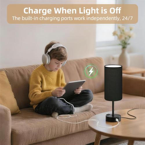 Image of Bedside Table Lamp, Dimmable Touch, AC Outlet, USB A+C (Black) | 3-Way Dimmable, Small Touch Lamp with Eye-Care LED Bulb, Ideal Soft Lighting for Nightstand, Bedroom, Reading, Living Room