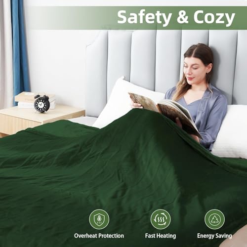 Electric Heated Blanket Queen Size 84"x 90",Dual Control Super Cozy Soft with 5 Heat Levels & 10 Hours Auto Off, Home Office Use & Machine Washable,Green