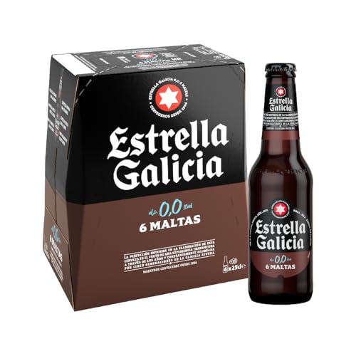 Estrella Galicia 0,0 6 Maltas - Cerveza Lager sin Alcohol, Pack de 6 Botellas x 25 cl, Sabor Intenso y Equilibrado, Aroma a Maltas Tostadas, Caramelo y Café, 0% Volumen de Alcohol