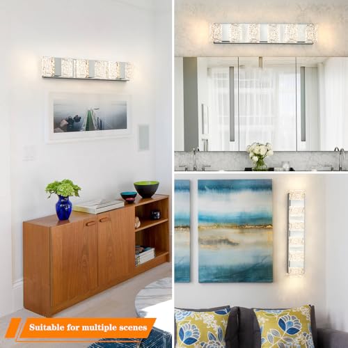 Image of Modern 6-Lights Bathroom Vanity Lighting, Chrome Crystal LED Bathroom Light Fuxtures over Mirror, Art Deco Dimmable Wall Sconce, Crystal Bathroom Light, Acrylic Hardwired Wall Lamp(H4.33in, L22.64in)
