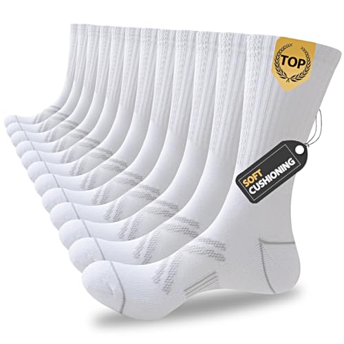 JOYNÉE 12 Pairs Mens Athletic Crew Socks Cushioned for Men Sports Running-Arch Support,White,Sock Size:10-13