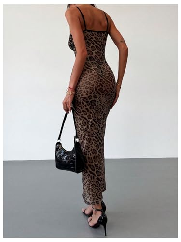 Image of BEAUDRM Women's Sexy Cheetah Sheer Dress Y2K Mesh Leopard See Through Bodycon Maxi Dress Going Out Date Party Rave Clubwear