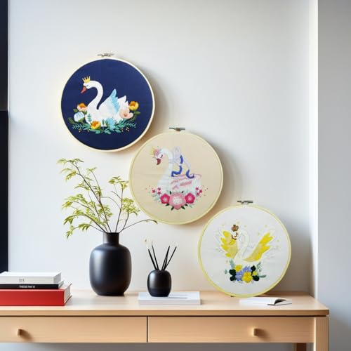Image of Speedura 4-Set Embroidery Kit for Beginners - Easy Needlepoint Starter Kit for Adults to Learn Hand Embroidery with Stamped Designs, Cross Stitch Patterns, and Fun DIY Projects (Swan Dreams)