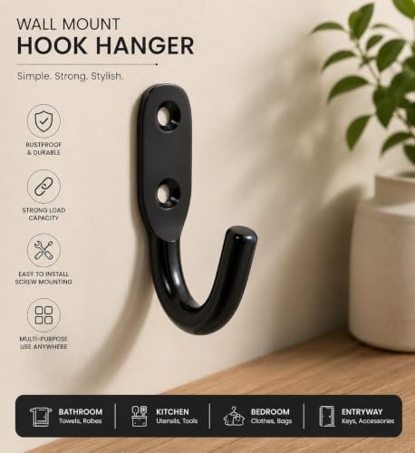 Image of iSTAR Stainless Steel Multi-Purpose J Type Hook Bathroom Hooks Cloth Hanger Wall Hook Door Robe Hooks for Hanging Keys,Clothes (Black - Pack of 20)