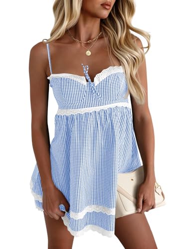 Image of Wenrine Womens Summer Mini Dress Spaghetti Strap Sweetheart Y2K Plaid Lace Trim Tiered Beach Sundress Dresses