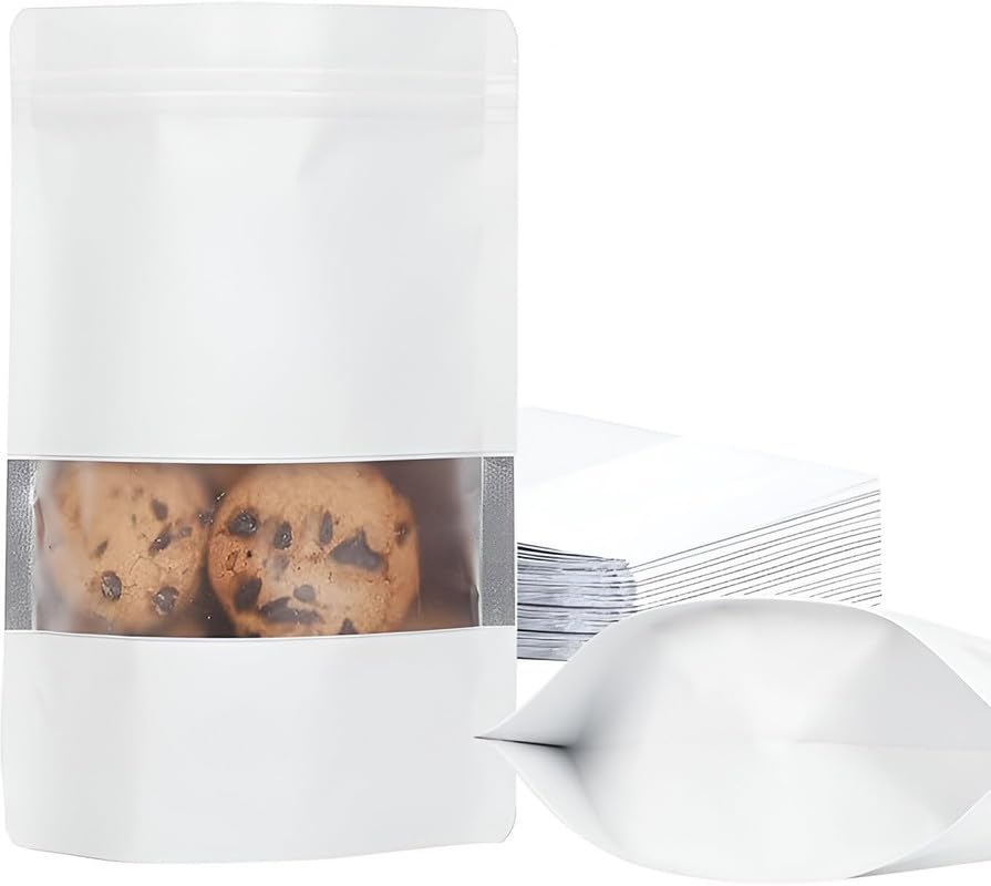 DNY Self-Sealing Standup Pouches | 200g Capacity Resealable Zip Lock Bags with Transparent Window | Airtight, Waterproof & Food Grade Reusable Packing Bags | White Storage Pouch | Pack of 50-image-29
