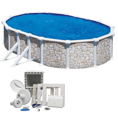 Summer Fun Premium Ovalpool-Set Steinoptik 5,00 x 3,00 x 1,20 m, frei aufstellbar, feuerverzinkte und schutzlackierte Stahlwand, UV-stabilisierte Innenhülle, Einbauskimmer-Set mit Einlaufdüse