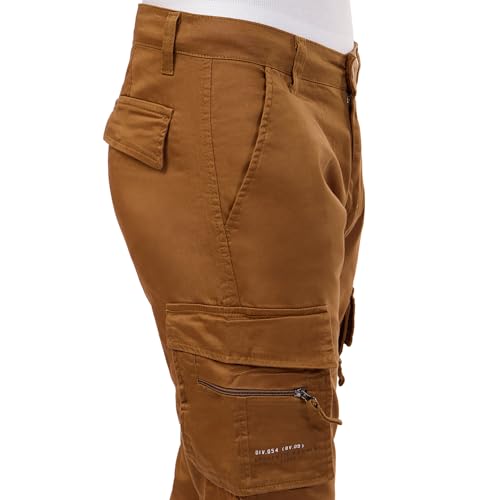 Image of BEEVEE Mens Camel Fixed Waist Cargo Pant with Drawstring.