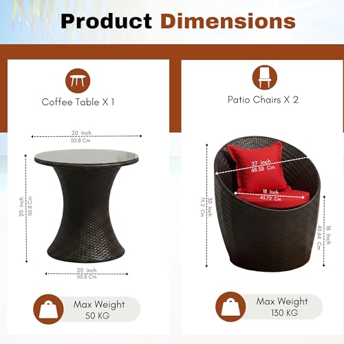 Image of DEVOKO Rattan 3-Piece Outdoor Patio Furniture Set With Cushions & Coffee Table For Garden, Deck, Lawn, Poolside, Terrace, Balcony (Dark Brown & Red)