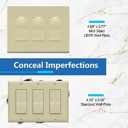 Image of LIDER Decorator Switch Cover, Screwless Wall Plate, Mid-Size 3-Gang 4.88 inch x 6.77 inch, LSWP-33M-I, UL Listed, Thermoplastic, Matte Ivory, 1-Pack