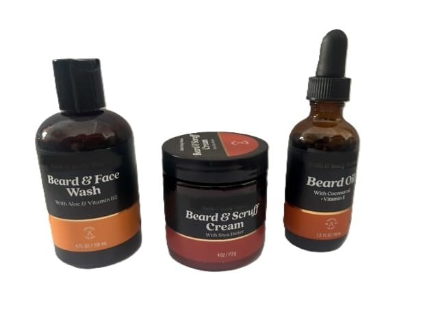 Beard Care Kit~Bath and Body Men's Beard Grooming Trio Set~Face and Beard Wash, Scruff Cream, and Beard Oil.