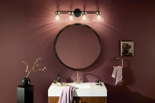 Image of Kichler Farum 34 inch 4-Light Bathroom Vanity Light Fixture with Clear Glass in Black, Modern Wall Mount Over Mirror for Single or Double Vanity (34 inch W x 9.5 inch H), 55156BKCLR