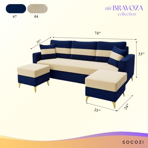 Image of SOCOZI Engima 5 Seater L Shape Sofa Set with 2 Movable Ottomans | Flexible Layout| Soft Velvet Suede Fabric|Modern Sofa | Plush Comfort Cushions for Living Room (Dark Blue-Cream)